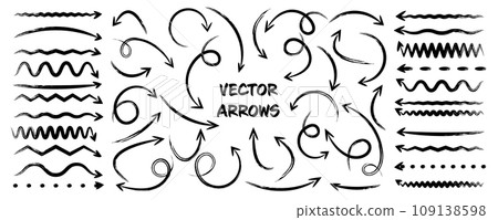 Grunge hand drawn arrows, highlighter lines. Marker stroke, brush pen drawn underline. Handwritten text pointers, notes, marks. Vector illustration Grunge hand drawn arrows, highlighter lines. Marker stroke, brush pen drawn underline. Handwritten text pointers, notes, marks. Vector illustration 109138598