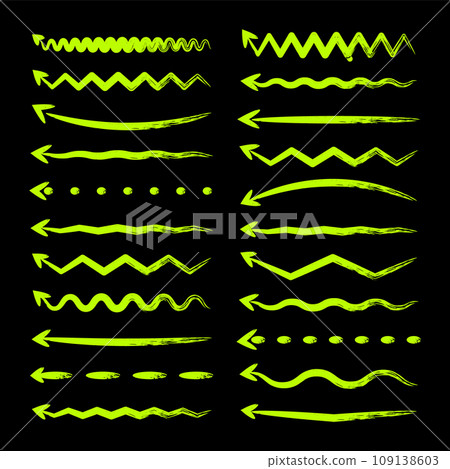 Grunge hand drawn arrows, highlighter lines. Marker stroke, brush pen drawn underline. Handwritten text pointers, notes, marks. Vector illustration 109138603