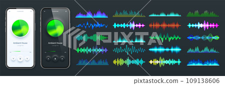 Online audio player user interface, smartphone app UI design. Music, media streaming and listening platform. Responsive mobile application. Neumorphism. Various sound waves. Vector illustration 109138606
