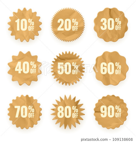 Crumpled paper price tags. Special offer or shopping discount label with percent, discount percentage value. Retail sticker with cardboard texture. Promotional sale badge. Vector illustration Crumpled paper price tags. Special offer or shopping discount label with percent, discount percentage value. Retail sticker with cardboard texture. Promotional sale badge. Vector illustration 109138608