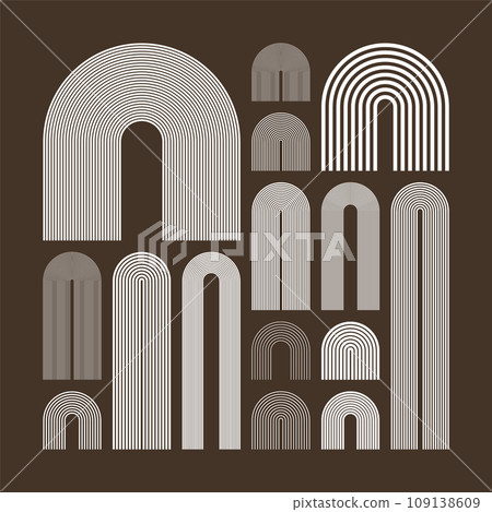 Mid century arch elements, modern geometric shapes. Contemporary design, minimalist art. Trendy design elements for wall decor, posters, books, covers and flyers. Vector illustration Mid century arch elements, modern geometric shapes. Contemporary design, minimalist art. Trendy design elements for wall decor, posters, books, covers and flyers. Vector illustration 109138609