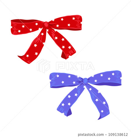 Two ribbon bows, blue and red with stars on them. Two ribbon bows, blue and red with stars on them. 109138612