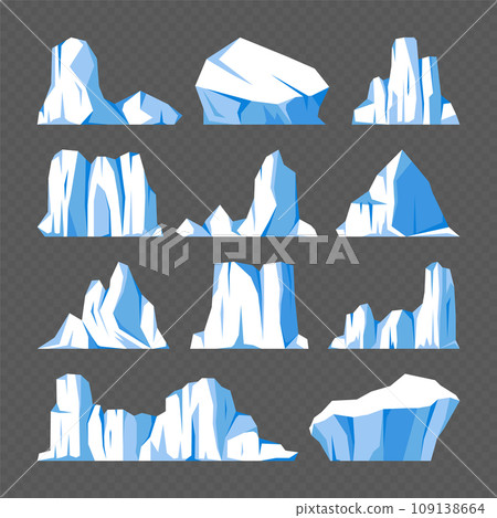 Floating icebergs collection. Drifting arctic glacier, block of frozen ocean water. Icy mountains with snow. Melting ice peak. Antarctic snowy landscape. South and North Pole. Vector illustration. 109138664