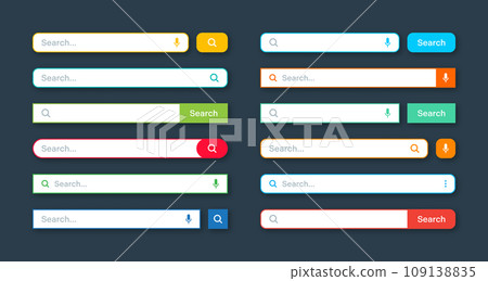 Colorful search bar templates. Internet browser engine with search box, address bar and text field. UI design, website interface element with web icons and push button. Vector illustration 109138835