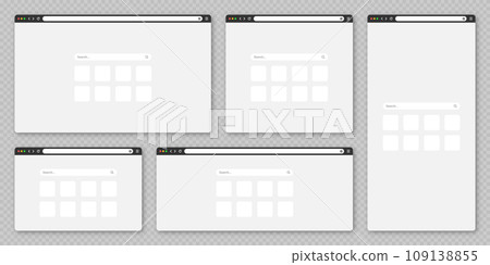 Blank web browser window with tab, toolbar and search field. Modern website, internet page in flat style. Browser mockup for computer, tablet and smartphone. Vector illustration Blank web browser window with tab, toolbar and search field. Modern website, internet page in flat style. Browser mockup for computer, tablet and smartphone. Vector illustration 109138855