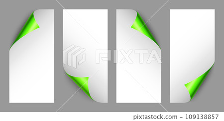 Set of green paper curls. Curled page corner with shadow. Blank sheet of paper. Colorful shiny foil. Design element for advertising and promotion. Vector illustration. Set of green paper curls. Curled page corner with shadow. Blank sheet of paper. Colorful shiny foil. Design element for advertising and promotion. Vector illustration. 109138857
