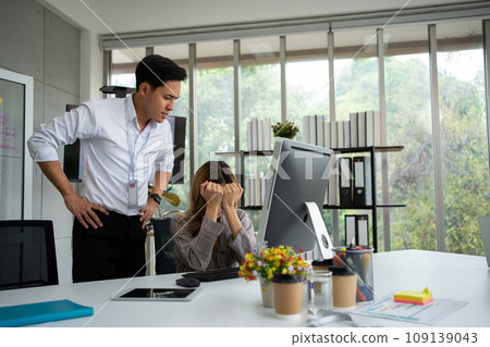 Stressed of female employee and offensive faces that the boss yells, Workplace Conflict, Corporate Communication Problem, stress of business partner discussing, Quarrels, And Bad Attitude At Work Stressed of female employee and offensive faces that the boss yells, Workplace Conflict, Corporate Communication Problem, stress of business partner discussing, Quarrels, And Bad Attitude At Work 109139043