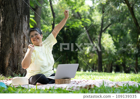 Happy Asian senior woman using laptop for working online outside office. Elderly retirement using laptop for learning new skill and freelance working in park, senior lifestyle with technology Happy Asian senior woman using laptop for working online outside office. Elderly retirement using laptop for learning new skill and freelance working in park, senior lifestyle with technology 109139335