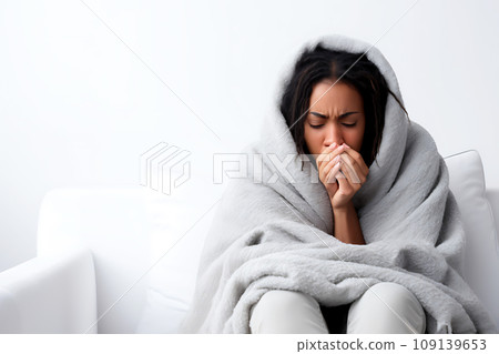 A cold and sad young African-American woman, wrapped in a gray blanket, sits on a gray sofa 109139653