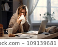 Remote work from home, sneeze and woman with a laptop, virus and illness with disease. Female person, freelancer and entrepreneur blowing her nose 109139681