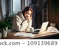 Remote work from home, sneeze and woman with a laptop, virus and illness with disease. Female person, freelancer and entrepreneur blowing her nose 109139689