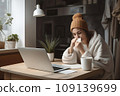 Remote work from home, sneeze and woman with a laptop, virus and illness with disease. Female person, freelancer and entrepreneur blowing her nose 109139699
