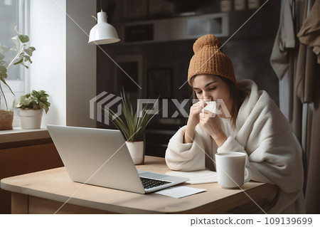 Remote work from home, sneeze and woman with a laptop, virus and illness with disease. Female person, freelancer and entrepreneur blowing her nose 109139699