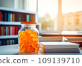 A jar of Gummy Vitamins is on the student's desk. The concept of taking vitamins to maintain child health while studying 109139710