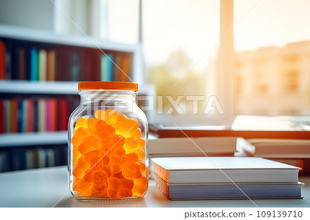 A jar of Gummy Vitamins is on the student's desk. The concept of taking vitamins to maintain child health while studying 109139710