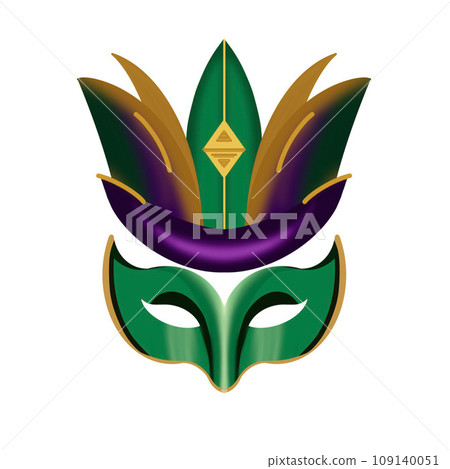 illustration of a Mardi Gras hat and mask for a celebration on a white background hand-drawn illustration of a Mardi Gras hat and mask for a celebration on a white background hand-drawn 109140051