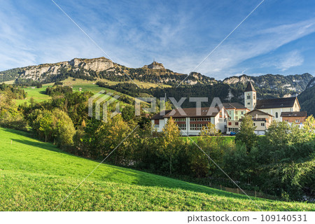 Village in the Appenzell Alps, behind the Alpstein mountains, Switzerland Village in the Appenzell Alps, behind the Alpstein mountains, Switzerland 109140531