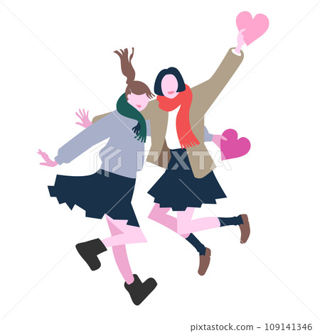 Two women in uniform holding hearts in their hands and arm around their shoulders 109141346
