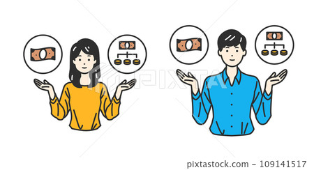 Selection of payment method - Illustration of a person expressing the balance between lump-sum payment and installment payment 109141517