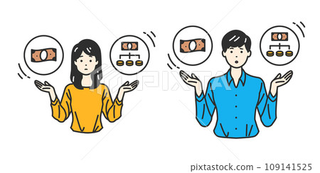 Selection of payment method - Illustration of a person expressing the balance between lump-sum payment and installment payment 109141525