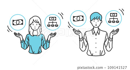 Selection of payment method - Illustration of a person expressing the balance between lump-sum payment and installment payment Selection of payment method - Illustration of a person expressing the balance between lump-sum payment and installment payment 109141527
