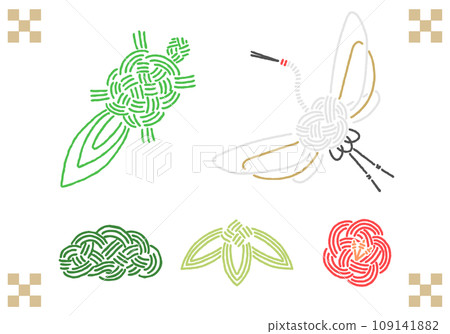 可愛的手繪 mizuhiki 插圖集，幸運符，鶴，龜，松，竹，梅 109141882