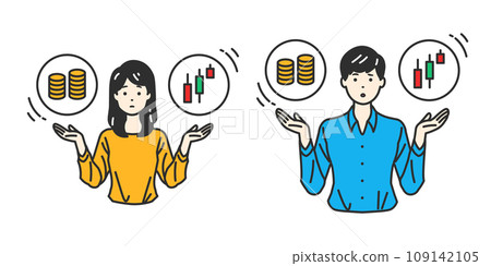 Balance of financial choices - Illustration of a person thinking about the balance between savings and investment Balance of financial choices - Illustration of a person thinking about the balance between savings and investment 109142105