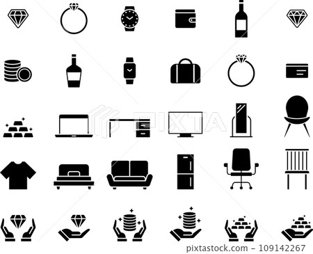 Jewelry and branded products silhouette icon set Jewelry and branded products silhouette icon set 109142267