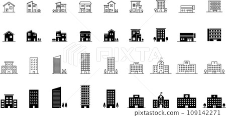Building line drawing and silhouette icon set 109142271
