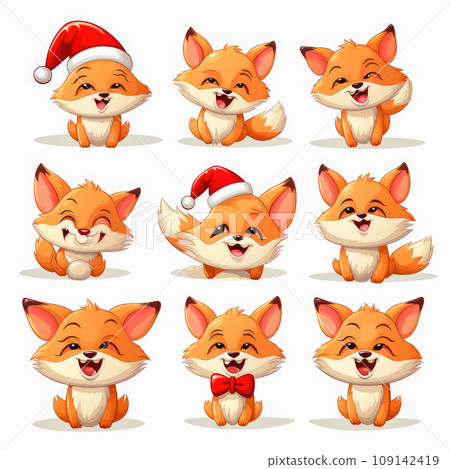 New Year emoticons funny foxes emoji. Cartoon style, New Year, Christmas. New Year emoticons funny foxes emoji. Cartoon style, New Year, Christmas. 109142419