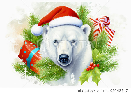 Polar bear in Christmas, red hat with presents. New Year's holiday concept. 109142547