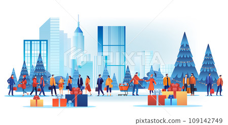 people in winter clothes walking outdoor with shopping bags new year season big sale special offer promotion discount 109142749