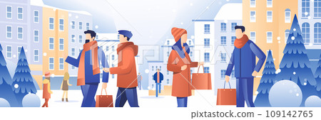 people in winter clothes walking outdoor with shopping bags season big sale special offer promotion discount cityscape background 109142765