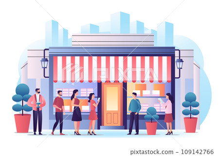casual people standing together near street marketplace street stall outdoor kiosk horizontal full length 109142766