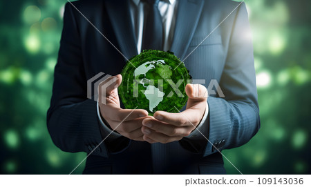Businessman holding green world, business sustainable resource and environmental concept, on green element background. Generative AI Businessman holding green world, business sustainable resource and environmental concept, on green element background. Generative AI 109143036