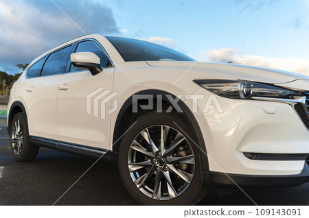 white SUV type passenger car white SUV type passenger car 109143091