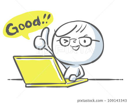 A white person with a yellow laptop and glasses that say good 109143343