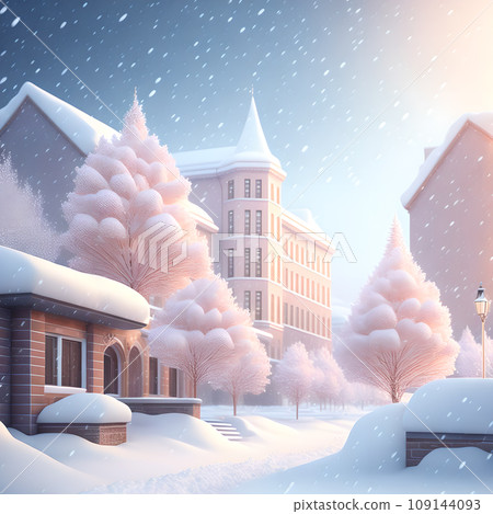 Christmas soft color snowfall city illustration realistic wallpaper 109144093