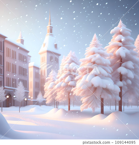 Christmas soft color snowfall city illustration realistic wallpaper 109144095