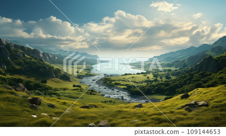natural scenic Beautiful landscape countryside wonderful springtime landscape in mountains. grassy field and rolling hills. rural scenery. AI Generated. AI Generative. 109144653