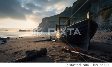 natural scenic Beautiful seascape countryside wonderful springtime seascape on beach. stone field and rolling hills. rural scenery. AI Generated. AI Generative. 109144685