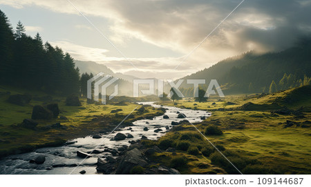 natural scenic Beautiful landscape countryside wonderful springtime landscape in mountains. grassy field and rolling hills. rural scenery. AI Generated. AI Generative. 109144687