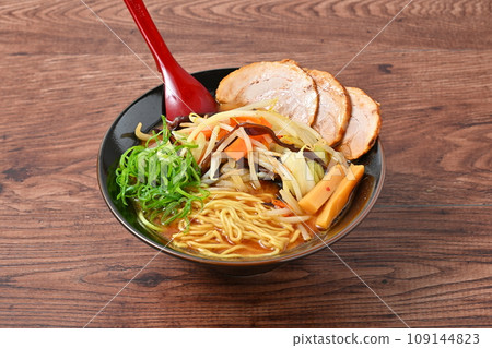 Miso vegetable ramen. Stir-fried vegetable topping of bean sprouts, onions, carrots, green onions, and wood ear mushrooms. 109144823