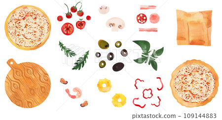 Pizza set: pizza with thick and thin dough, parchment, serving board, tomatoes, champignons, bacon, pepperoni, ham, arugula, olives, olives, basil, shrimp, mussels, pineapple, slices of sweet bell 109144883