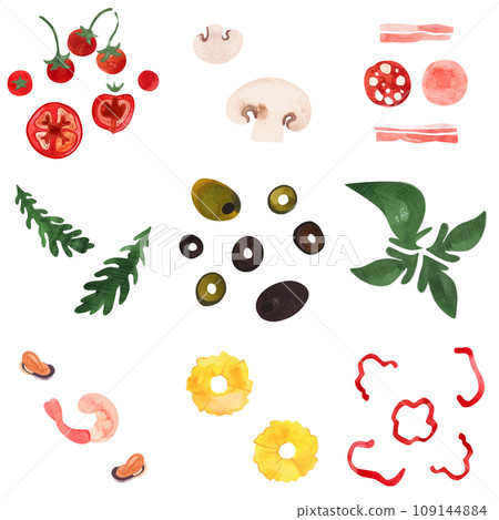 Pizza toppings: sliced tomatoes, cherry tomatoes, mushroom slices, bacon, pepperoni, ham, arugula, olives, olives, basil, shrimp, mussels, pineapple, sweet bell pepper slices. Isolated watercolor Pizza toppings: sliced tomatoes, cherry tomatoes, mushroom slices, bacon, pepperoni, ham, arugula, olives, olives, basil, shrimp, mussels, pineapple, sweet bell pepper slices. Isolated watercolor 109144884