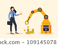 Concept of stock trading or cryptocurrency investment using artificial intelligence to analyze data,  business woman uses an AI powered mechanical arm to mine cryptocurrency, bitcoin, vector illustrat 109145078