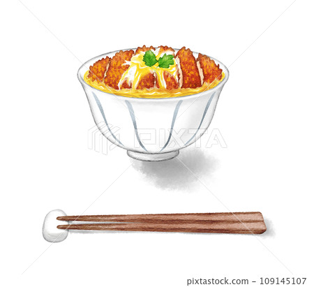豬排蓋飯和筷子畫水彩的插圖 豬排蓋飯和筷子畫水彩的插圖 109145107