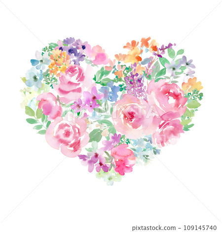 Valentine's day illustration of a heart shape made of pink roses and flowers drawn in watercolor Valentine's day illustration of a heart shape made of pink roses and flowers drawn in watercolor 109145740