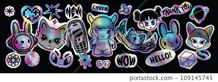 Holograph u2k sticker set, cyber holo hologram icon pack, vector space neon foil retro acid badge.  109145745