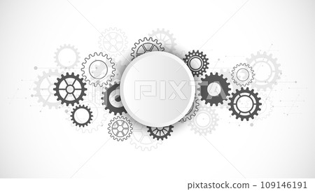 Cogs and gear wheel mechanisms. Concepts and ideas for hi-tech digital technology and engineering design. Abstract technical background of mechanical engineering. 109146191